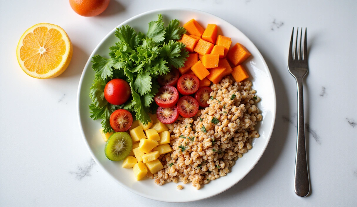 Ilustrace zdravého talíře plného čerstvé zeleniny, ovoce a celozrnných produktů