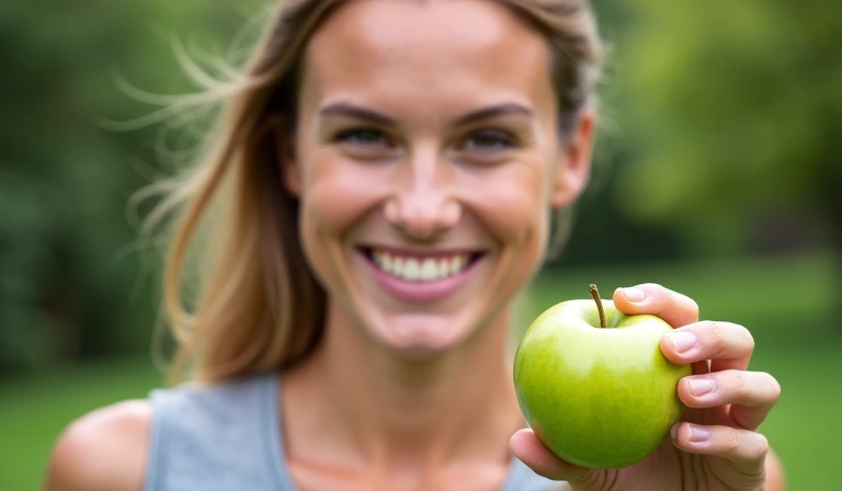 Osoba s úsměvem, držící v ruce čerstvé jablko, symbolizující vitalitu a zdraví