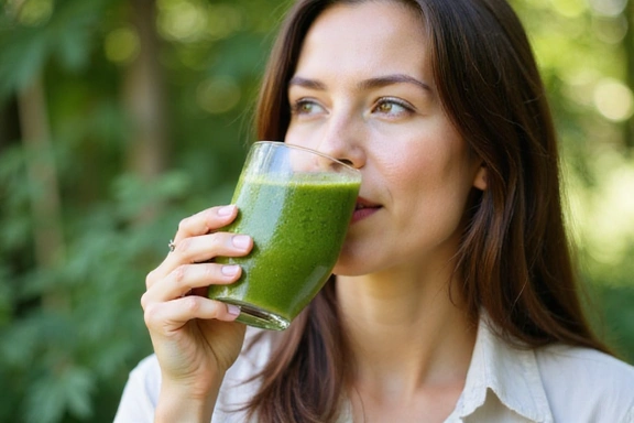 Osoba pije detoxikační nápoj v klidném prostředí, symbolizující detox program.