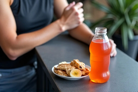 Sportovec připravující se na trénink s energetickým nápojem a zdravou svačinou