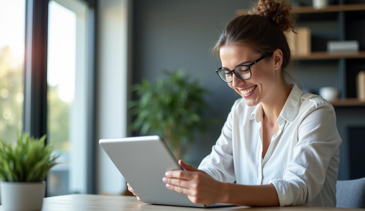 Žena s úsměvem drží tablet a komunikuje online