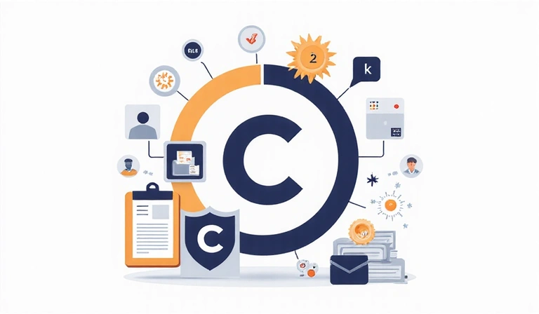 Ilustrace autorských práv a duševního vlastnictví, symboly ochrany obsahu