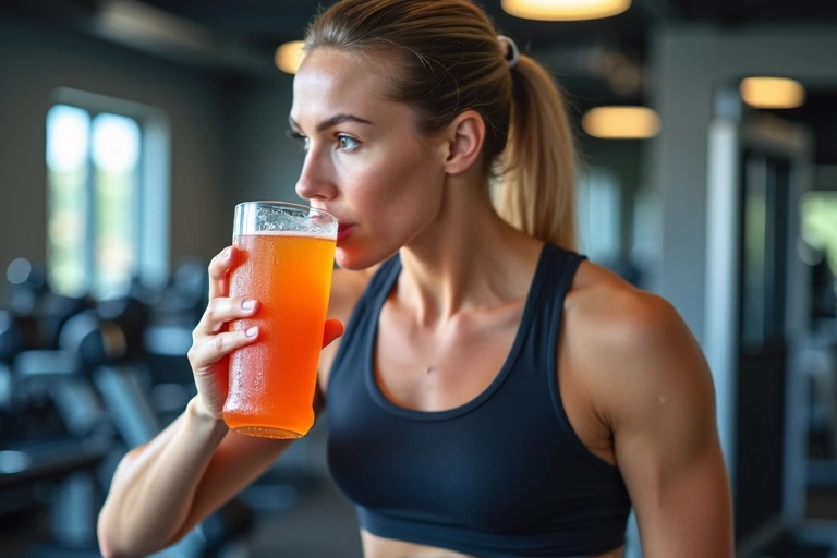 Atlet pije sportovní nápoj po intenzivním tréninku, na pozadí sportovní vybavení.